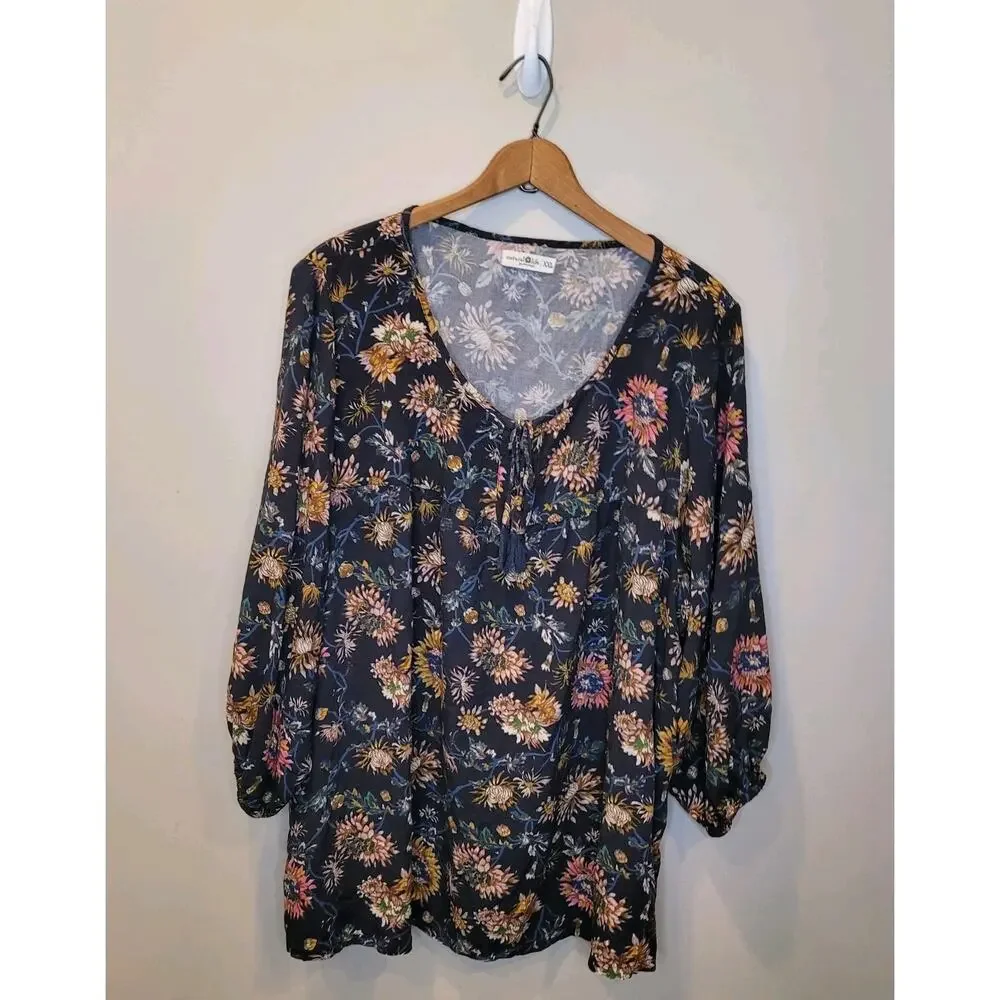 Natural Life Floral Peasant Top 3/4 Sleeves Size XXL Tie Boho Cottagecore - Picture 1 of 9